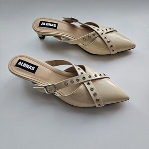 Alohas Zyra Onix Cream Leather Kitten Heel Pointed Toe Mule Slip On Shoes
